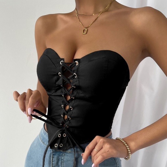 Boho Orange Lace up Bustier Corset Cropped Top - Picture 3 of 15